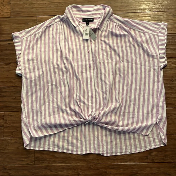 Lane Bryant Purple and White Stripe Button Down Tie Front Shirt Size 18 - Picture 1 of 6